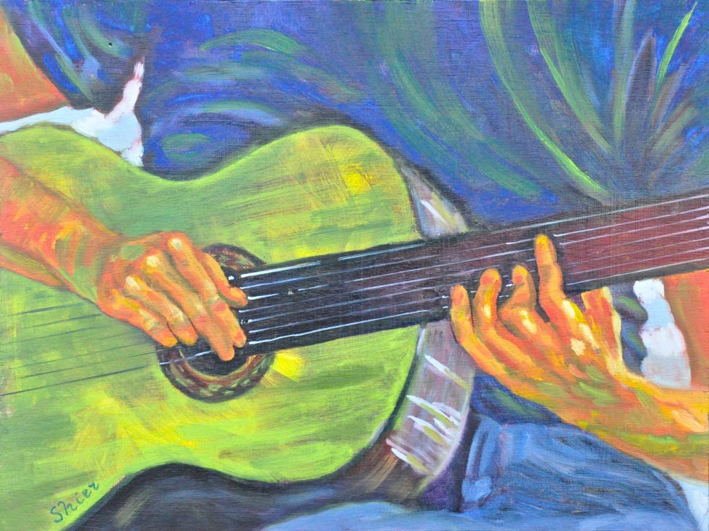 7 String Guitar – 12×16 – Oil on Board | Portrait Painting | Randall Shier Canadian Oil Painting Artist