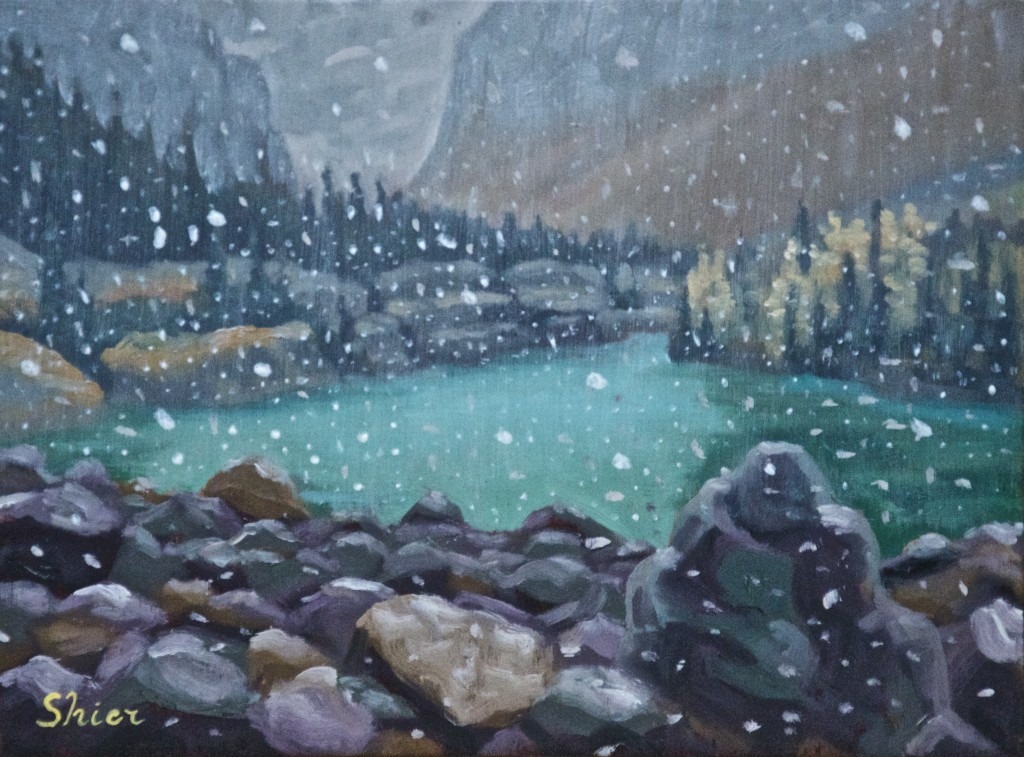 September Snow – Victoria Lake – 9×12 – Oil on Board | Landscape Painting | Randall Shier Canadian Oil Painting Artist