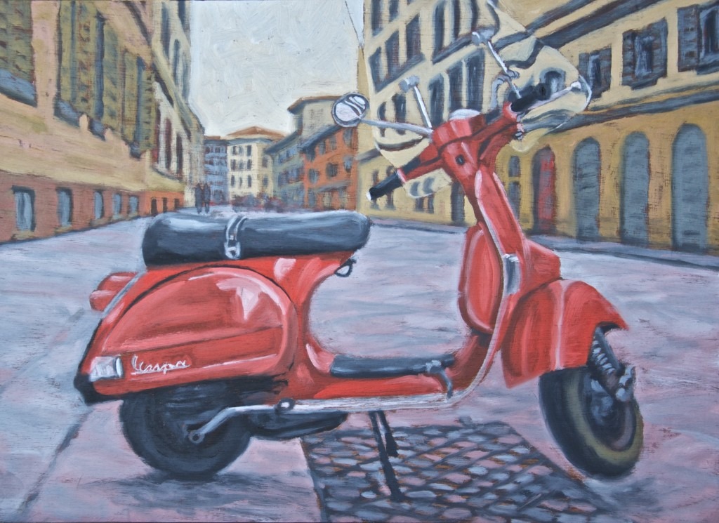 Vespa Rosso – 12×16 – Oil on Panel | Cityscape Painting | Randall Shier Canadian Oil Painting Artist