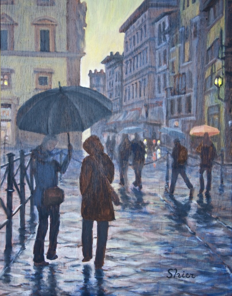 Walking in the Rain – 15-1/2×12 – Oil on Panel | Cityscape Painting | Randall Shier Canadian Oil Painting Artist