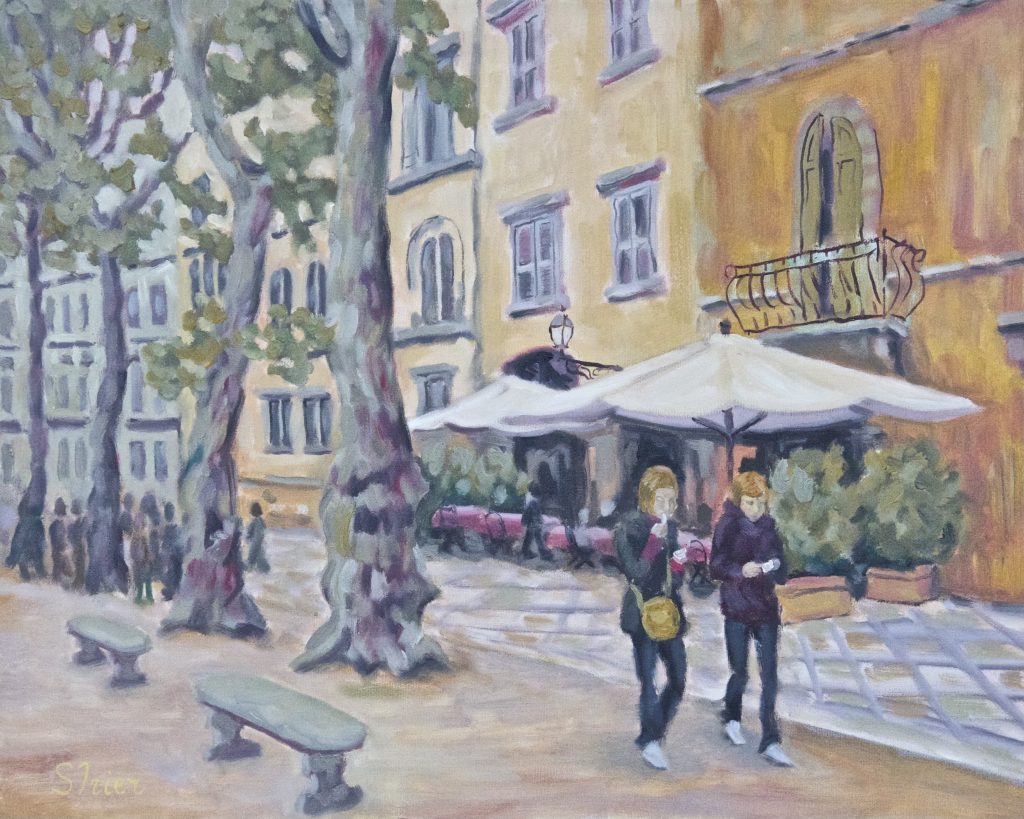 Gelato Stroll, Lucca - 16x20 - oil on canvas | Cityscape Oil Painting | Randall Shier Canadian Oil Painting Artist